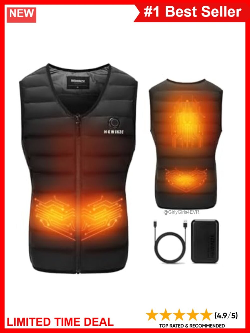 Women's Heated Vest Battery Pack 4 Heating Zones V-Neck Lightweight Zip